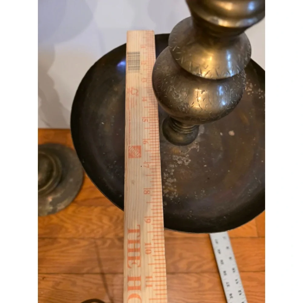 Moroccan Etched Brass Pillar Floor Altar Candlesticks Candle Holders Set Vintage